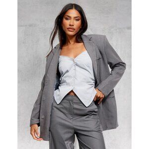 Prettylittlething Grey Textured Look Shoulder Padded Oversized Blazer